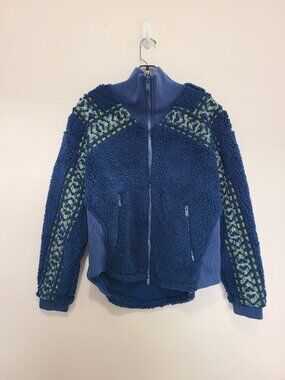 Free People Snowy Peaks Embroidered Jacket Fluffy Fleece Blue size XS